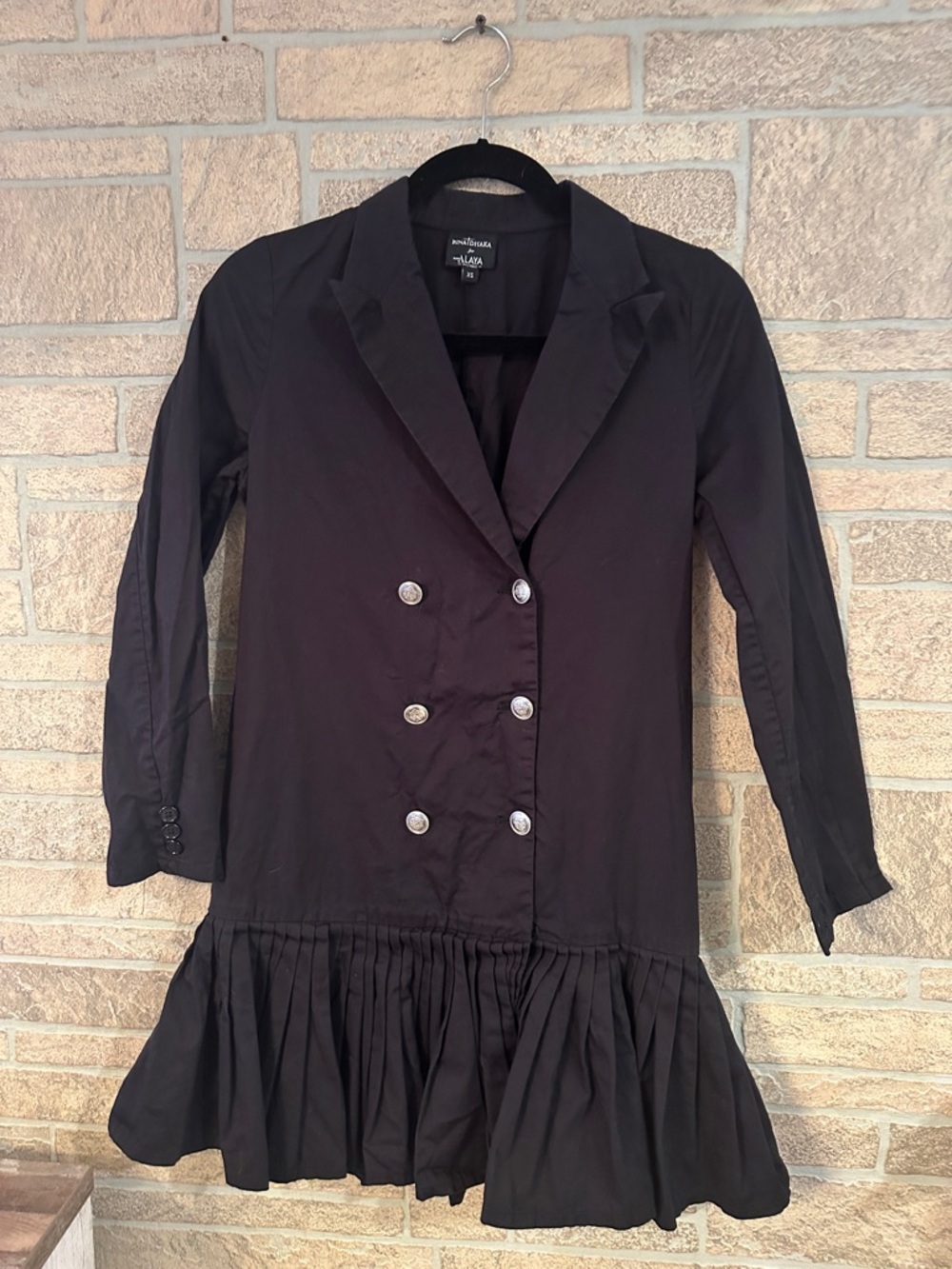 Anthropologie Rina Dhaka black double-breasted blazer dress drop hem Preppy XS